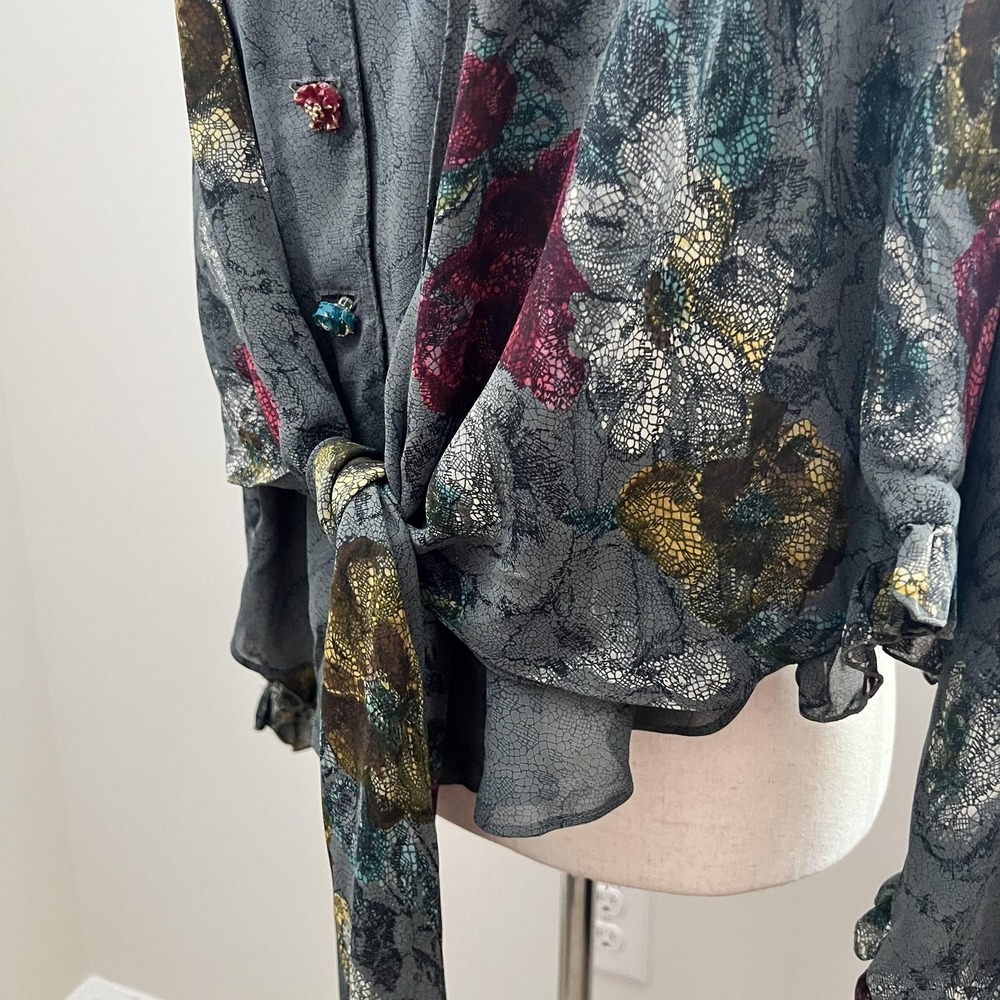 Whimsigoth Floral Tie Front Top Vintage Dark Romantic Blouse Boho Fairy Goth - Picture 8 of 13